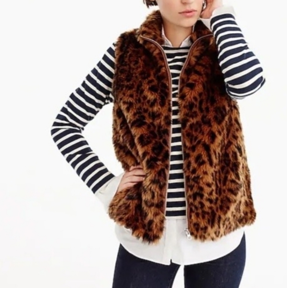 JCrew Leopard Zip Vest Feminine Animal Print Faux Fur Large